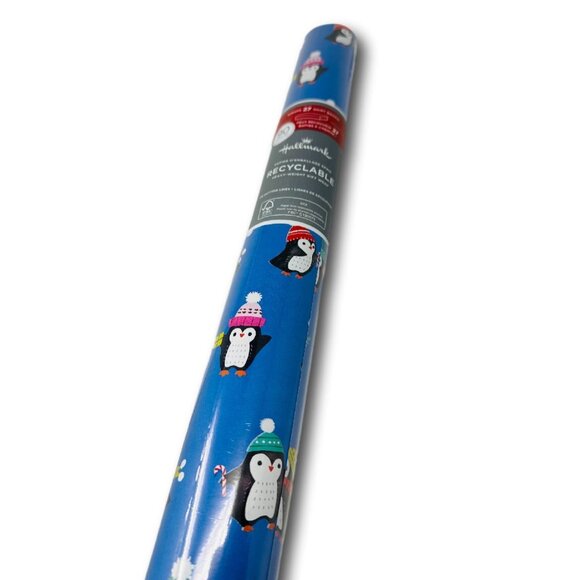 Hallmark Wrapping Paper Christmas Playful Penguins Blue 90 sq ft Roll Holiday - Picture 2 of 2